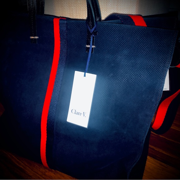 Clare V Simple Tote (Navy Blue Perforated Suede) + Bonus Stripe Crossbody Strap! - Picture 8 of 10